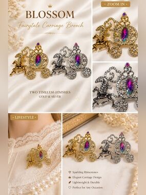 Fairytale Carriage Brooch - Gold or Silver with Pink Accent